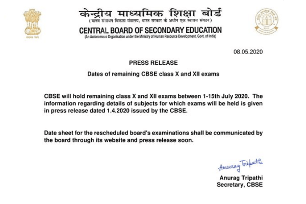 CBSE press release on 10th/12th july exam