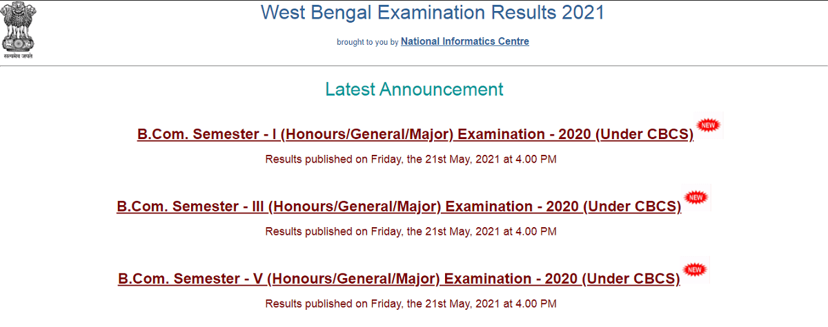 University of Calcutta B.Com. 1, 3, 5 Semester Result 2021 declared on wbresults.nic.in